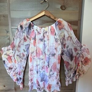 Tempo Paris butterfly sleeve off shoulder flowing top.